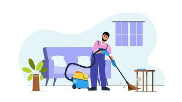 homem limpeza a casa com vácuo limpador video