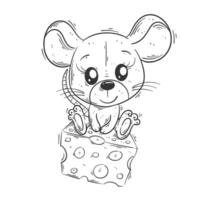 Cute mouse sitting on cheese for coloring vector