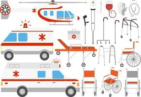 Vector clip art with ambulance car, air ambulance helicopter, wheelchair, canes, first aid kit