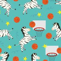 Vector seamless pattern with zebras playing basketball in cartoon style