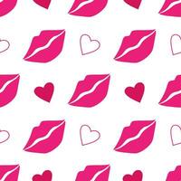 Vector seamless pattern with pink lips and hearts in cartoon style. Valentine day background with kisses and hearts