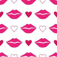 Vector seamless pattern with pink lips and hearts in cartoon style. Valentine day background with kisses and hearts