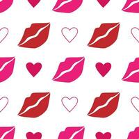 Vector seamless pattern with pink lips and hearts in cartoon style. Valentine day background with kisses and hearts