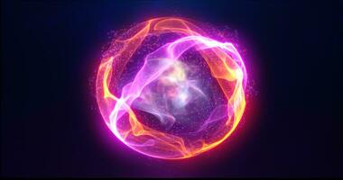 naranja energía esfera con brillante brillante partículas, átomo con electrones y eléctrico magia campo científico futurista de alta tecnología resumen antecedentes foto
