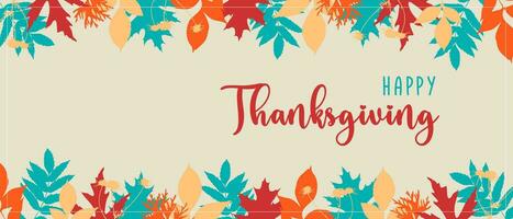 Happy Thanksgiving. Greeting card, horizontal banner with blue red and orange autumn leaves. vector