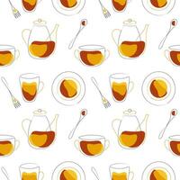 Kitchenware cooking pattern with teapot mug plate fork spoon in doodle style. vector