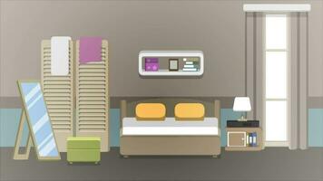 en sovrum med en säng, byrå, spegel och Övrig objekt video