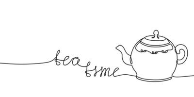 Continuous one line drawing of teapot and tea time lettering. White background with hand drawn text and teapot in linear style. Vector illustration