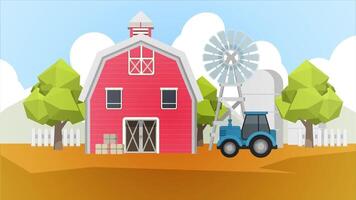 a cartoon farm with a red barn and tractor video