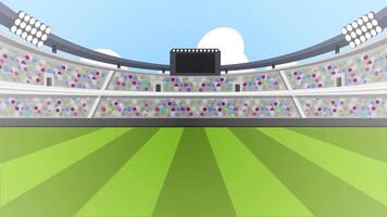 a cartoon stadium with a green field and a blue sky video