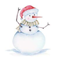 monigote de nieve y sombrero pintado en acuarela.navidad acuarela ilustracion.mano pintado invierno con monigote de nieve y copos de nieve.saludo dibujos animados. vector