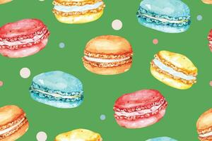 sin costura modelo de macarrones, postre. mano pintado con acuarelas.adecuadas para tela diseño fondo de pantalla y regalo envase macarons.de.papel galletas antecedentes vector