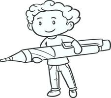 Child boy holding pen for coloring page.Black and white coloring page vector