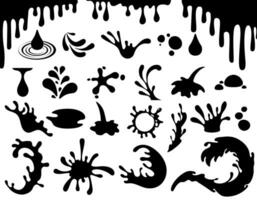 Black silhouettes of liquid splashes, waves, drops set. Ocean or sea splatters and water spray, falling droplets, paint stains collection. Running or dripping water. vector