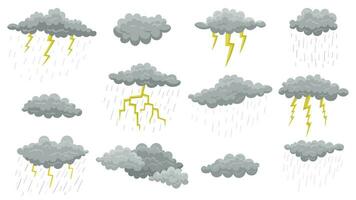 Grey clouds with rain and lightning. Drawing of thunderclouds or thunder isolated on white background. Weather, summer or autumn concept, bad or sad mood. vector