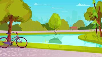 ein Fahrrad ist geparkt in der Nähe von ein Teich im ein Park video
