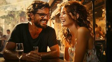 A man and a woman are sitting relaxing in a bar and laughing and smiling on a date photo