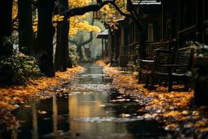 View of dry autumn leaves fallen on street pavement photo