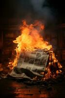 Hardly burning Newspaper in darkness photo