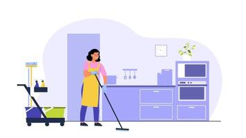 a woman is cleaning the kitchen with a mop video