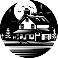 Farmhouse, Black and White Vector illustration