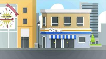 uma desenho animado do uma loja frente com uma placa este diz 24 horas video