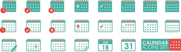 sencillo conjunto de calendario. diferente estilos de sólido y línea íconos vector recopilación.