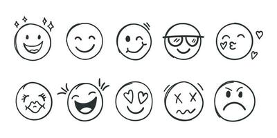 Emojis faces icon in hand drawn style. Doddle emoticons vector illustration on isolated background. Happy and sad face sign business concept.