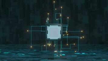 Circuit lines and chip with black background, 3d rendering. video