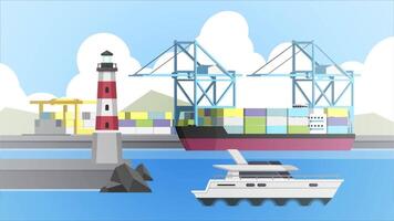 a boat in the harbor with cargo containers and a lighthouse video