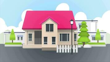 a cartoon house with a pink roof and trees in the background video