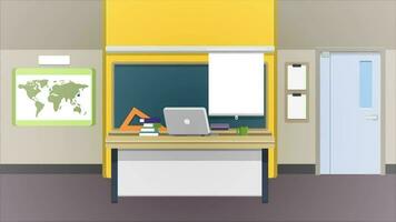 un dibujos animados ilustración de un salón de clases con un escritorio y computadora video