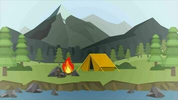 uma acampamento barraca e fogo dentro a montanhas video