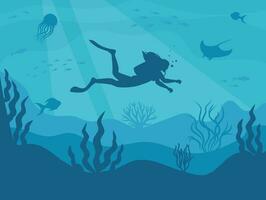 Silhouette of a scuba diver in the underwater world. The diver dives to the depths of the ocean. Vector illustration.