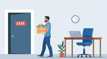 Dismissal, employee replacement. Unhappy man dismissed from job, leave office with stuff in box. Unemployment dismissal of workers. Layoff, crisis. Vector illustration.