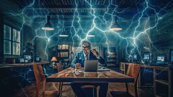Businessman in office with a laptop and lightning strikes on the background photo