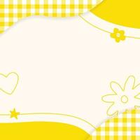 Cute Pastel Yellow Plaid Gingham Check Checkered with Heart Flower Star. Square Post Banner Template Frame Border Memo Sticky note Paper Background. Blank Note Copy Space Vector Illustration.