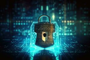 Cyber security concept. Shield padlock with keyhole on circuit board background, neon lights background photo