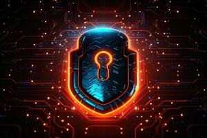 Cyber security concept. Shield padlock with keyhole on circuit board background, neon lights background photo