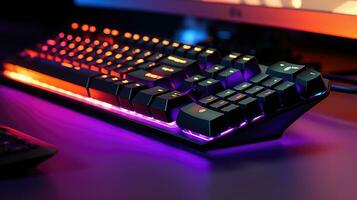 Computer keyboard with neon led lights on a dark background photo