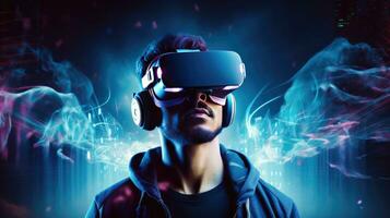 Portrait of young man wearing virtual reality headset against futuristic background photo