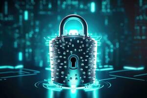 Cyber security concept. Shield padlock with keyhole on circuit board background, neon lights background photo