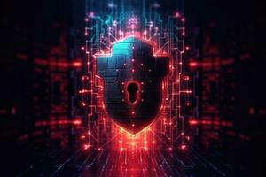 Cyber security concept. Shield padlock with keyhole on circuit board background, neon lights background photo