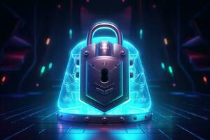 Cyber security concept. Shield padlock with keyhole on circuit board background, neon lights background photo