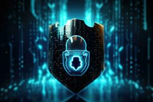 Cyber security concept. Shield padlock with keyhole on circuit board background, neon lights background photo