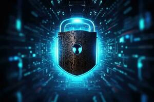 Cyber security concept. Shield padlock with keyhole on circuit board background, neon lights background photo