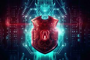 Cyber security concept. Shield padlock with keyhole on circuit board background, neon lights background photo