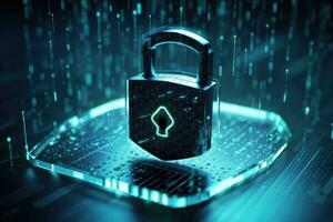 Cyber security concept. Shield padlock with keyhole on circuit board background, neon lights background photo