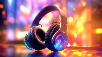 headphones on colorful background with bokeh lights photo