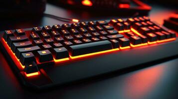 computadora teclado con neón LED luces en un oscuro antecedentes foto